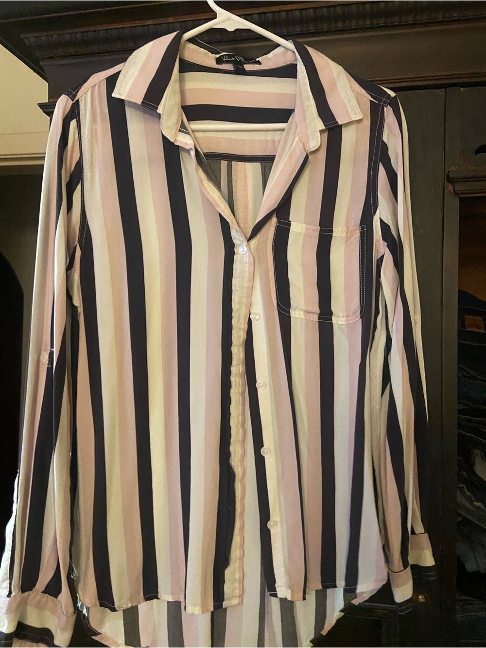 Velvet Heart Striped Button-Down in Pink, Black & Cream